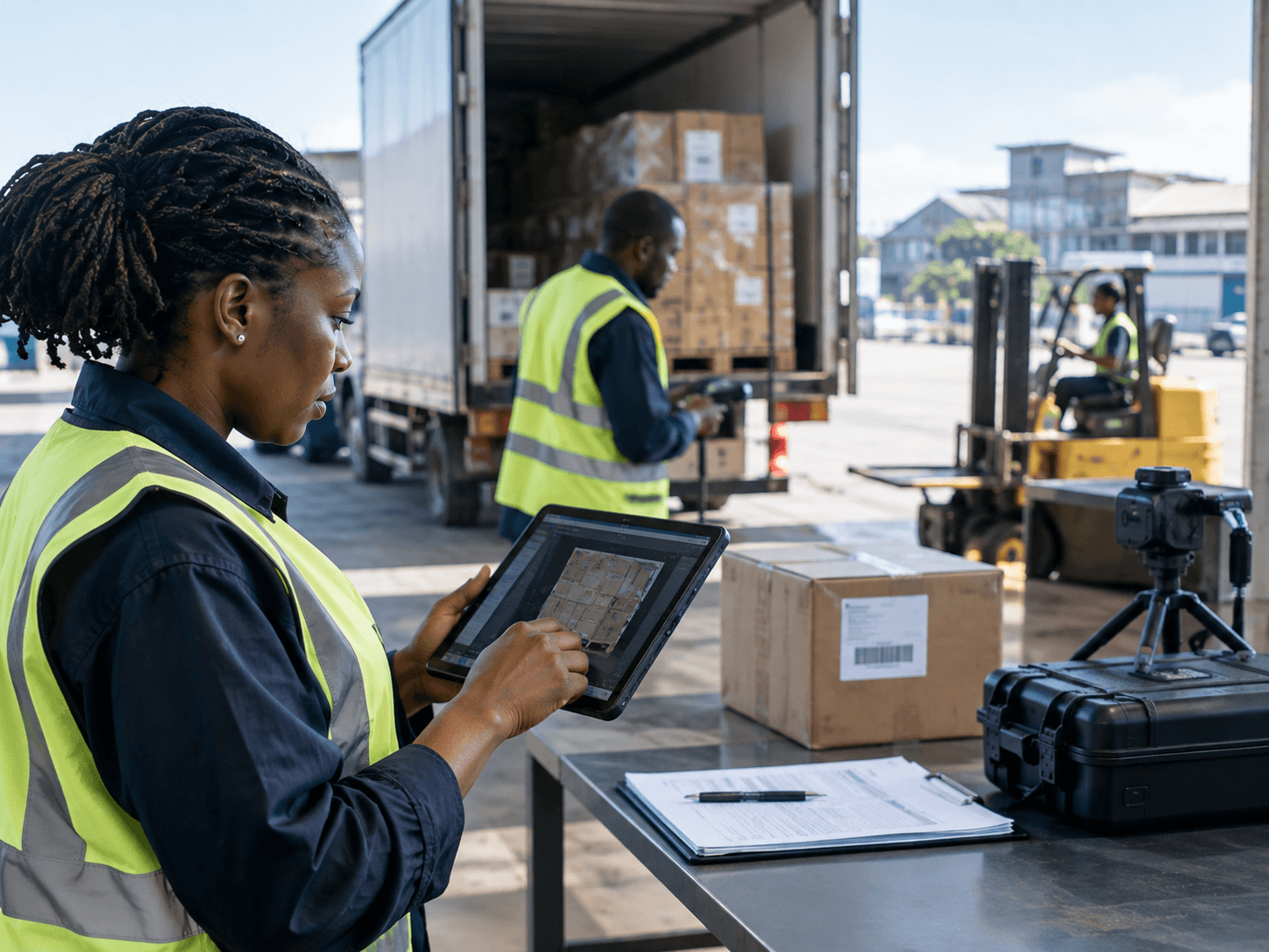 Operational staff working in a real business environment with logistics and records nearby