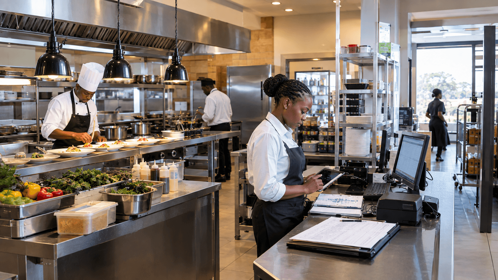 Hospitality staff coordinating service operations and information behind a working hotel environment