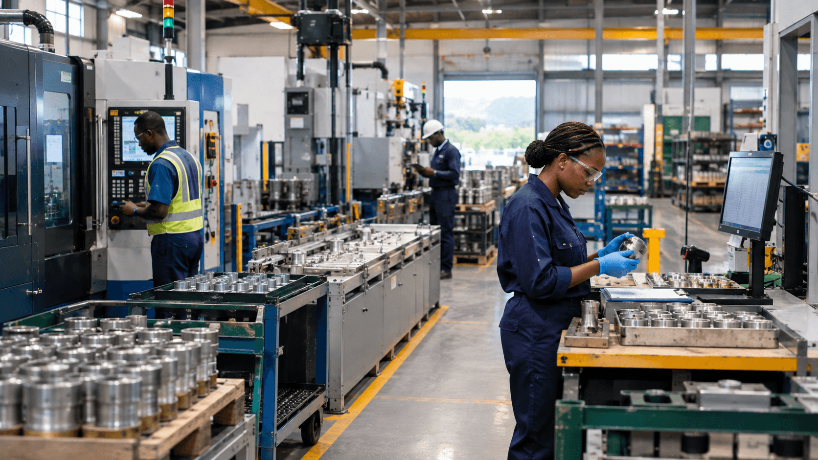 Production staff monitoring a manufacturing operation on a factory floor